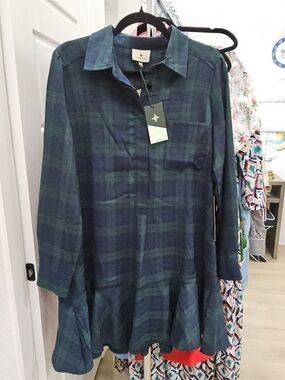 Plaid Button-Front Tunic Shirt Dress - Navy & Forest Green